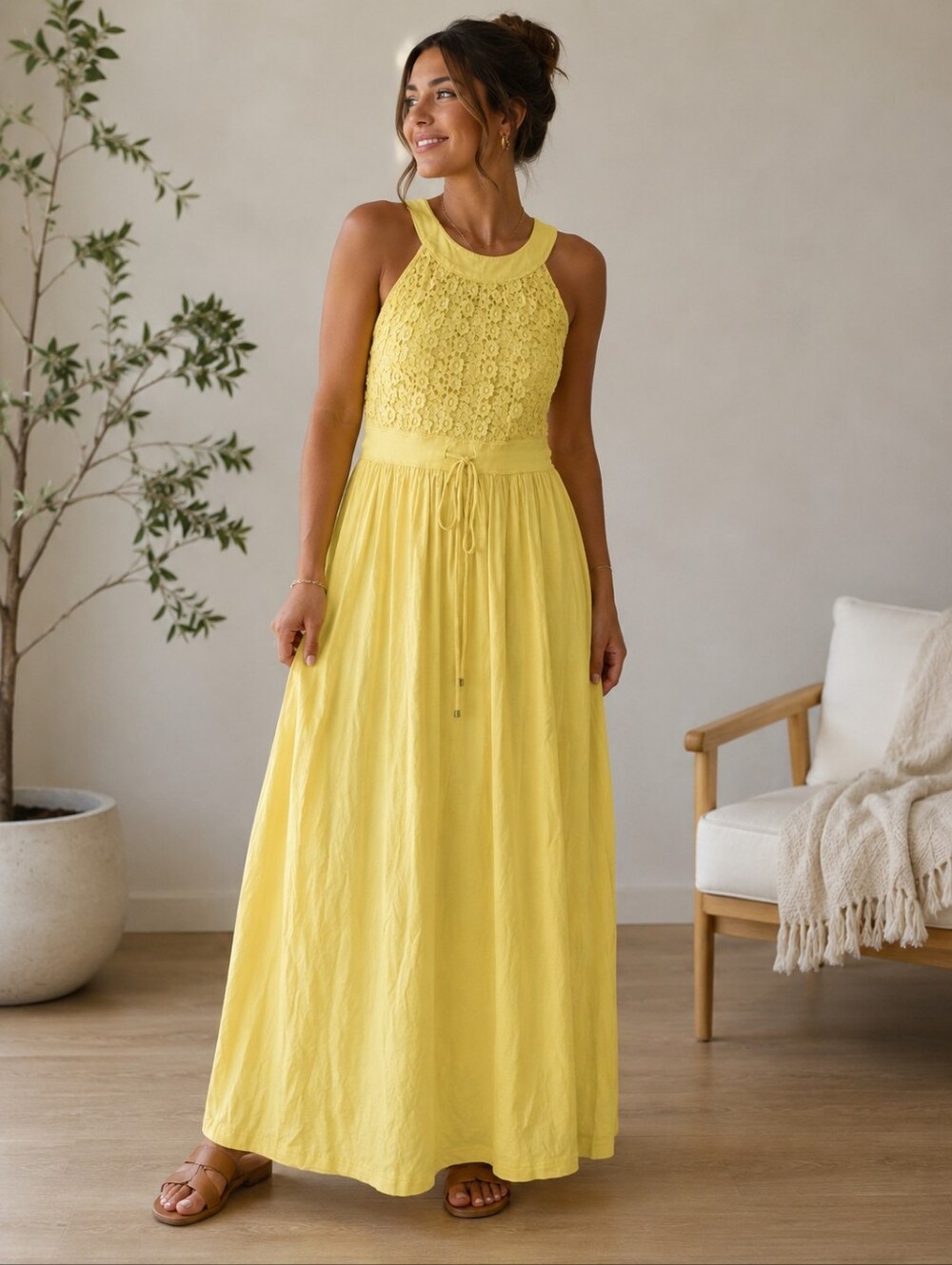Calvin Klein Yellow Maxi Dress NWT Womens Size 12 Sleeveless Lace Top Flowy